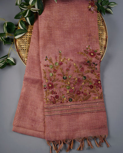 Tissue Linen Saree With Kantha Work & Contrast Border - Tan