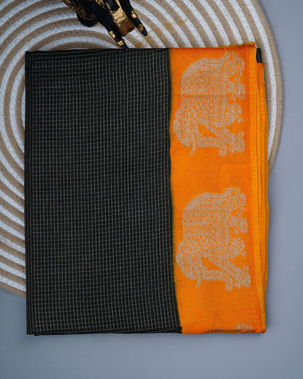Green silk saree with all over golden zari  check weaving and contrast elephant border - Bottle Green
