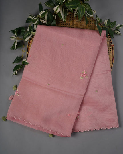 Tissue Linen Saree With Thread Knot Work Butties With Scallop Border - Light Pink