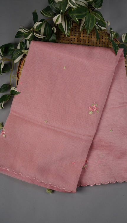 Tissue Linen Saree With Thread Knot Work Butties With Scallop Border - Light Pink