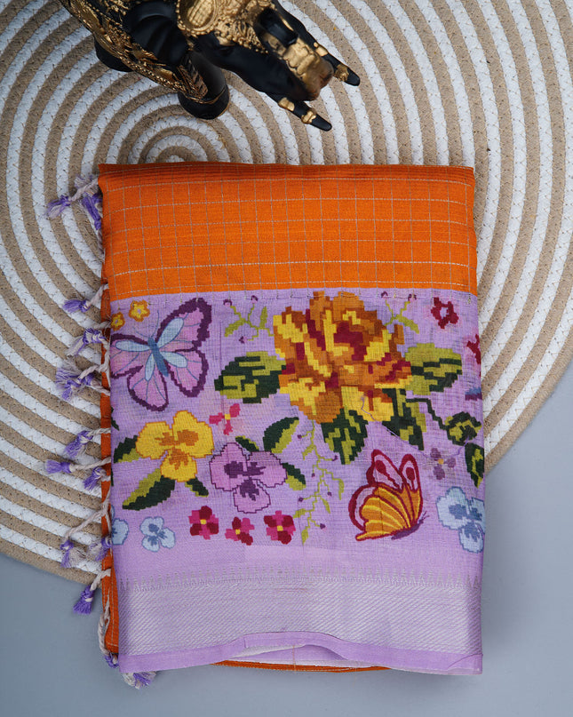 Dola silk sarees with checks and floral print border - Orange