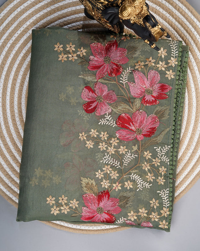 Soft organza saree with thread work butties and lace border - Green
