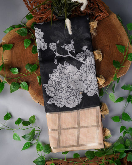 Kota Silk Saree with Floral Print and Contrast Border- Black and Gold