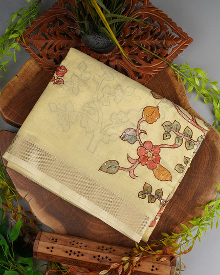 Tissue Linen Saree With Floral Embroidery & Sequins Work - Beige