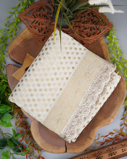 Banarasi Kaddi Georgette Saree With Gold & Silver Polka Dot With Scallop Border - White