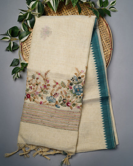 Tissue Lenin Saree with Floral Print and Kantha with Knot Work- Cream