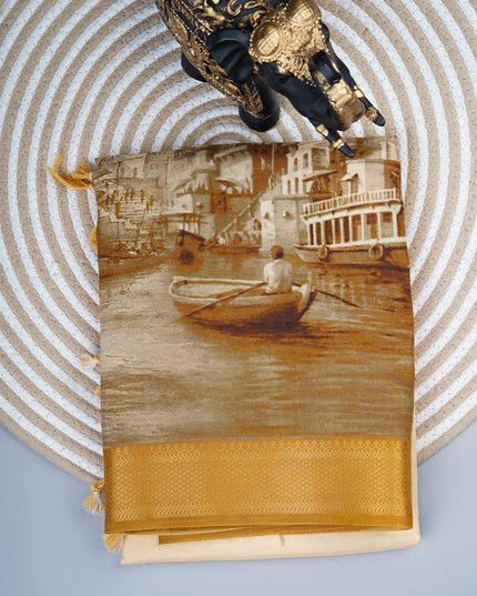 Muslin silk saree with Abstract Digital Printed and golden border - Mustard Gold