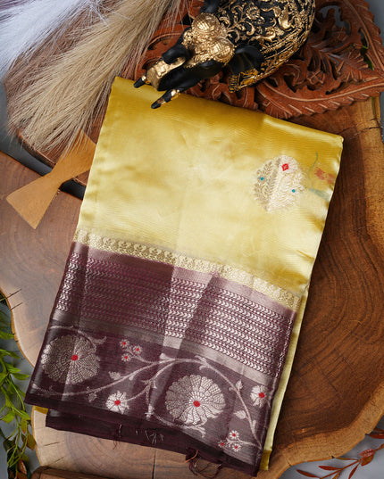 Banaras Tissue Saree With Gold Butties & Contrast Border - Yellow