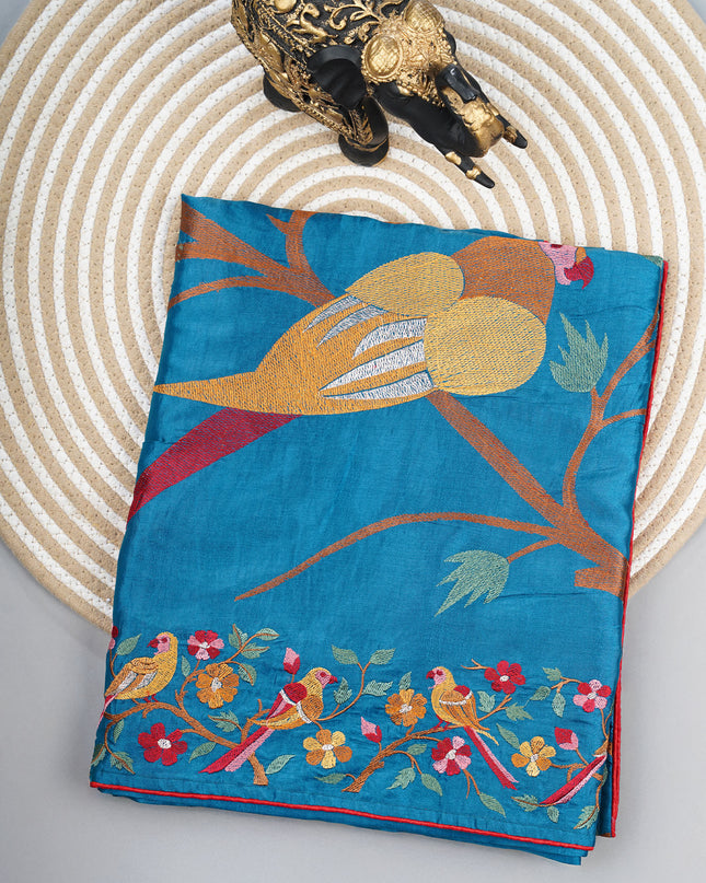 Dupion saree with  golden butties and thread work and border - Teal Blue