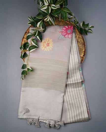 Tusser Silk Saree With Floral Print Border - Beige