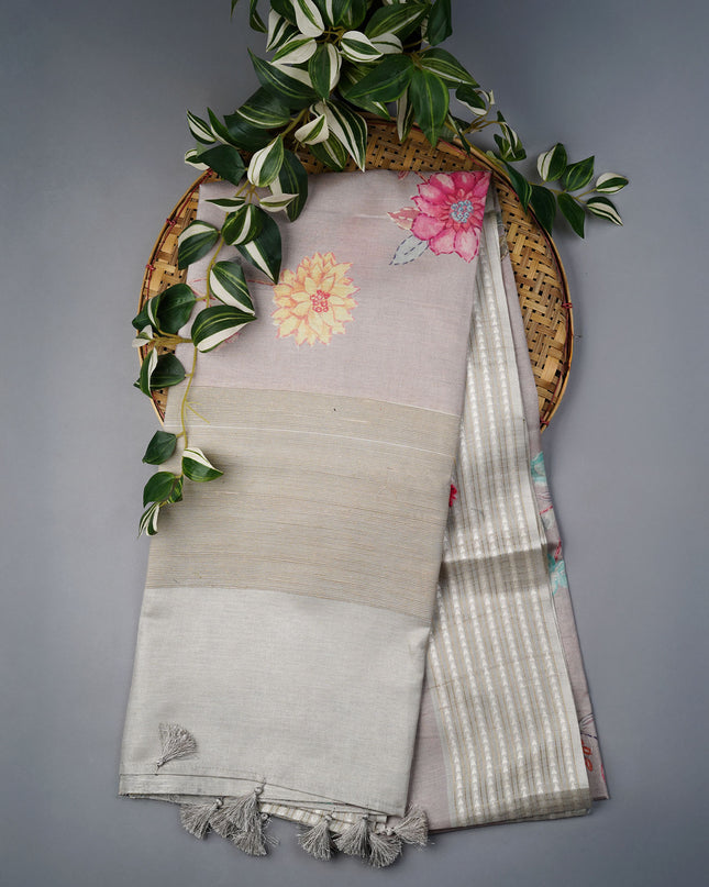 Tusser Silk Saree With Floral Print Border - Beige