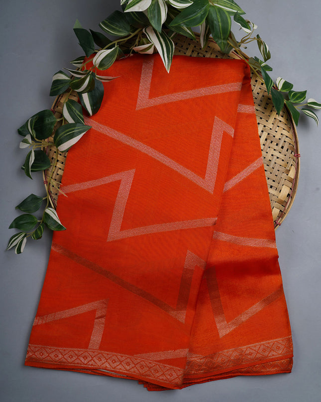 Munga Silk Saree With Gold Zari Border -  Orange