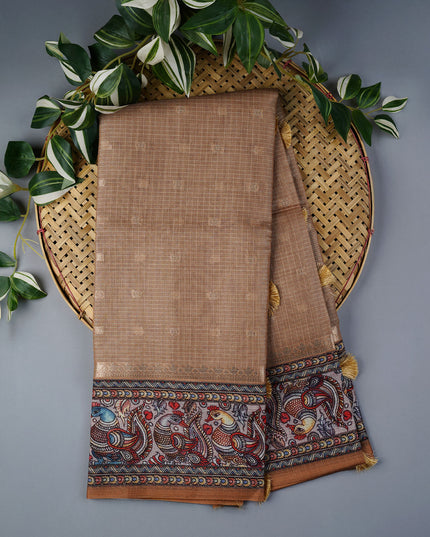 Tissue Kota Saree with Gold Butties and Contrast Floral Print Border - Tan