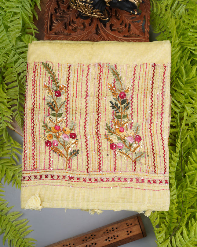Kota saree with kantha work zari border - Yellow