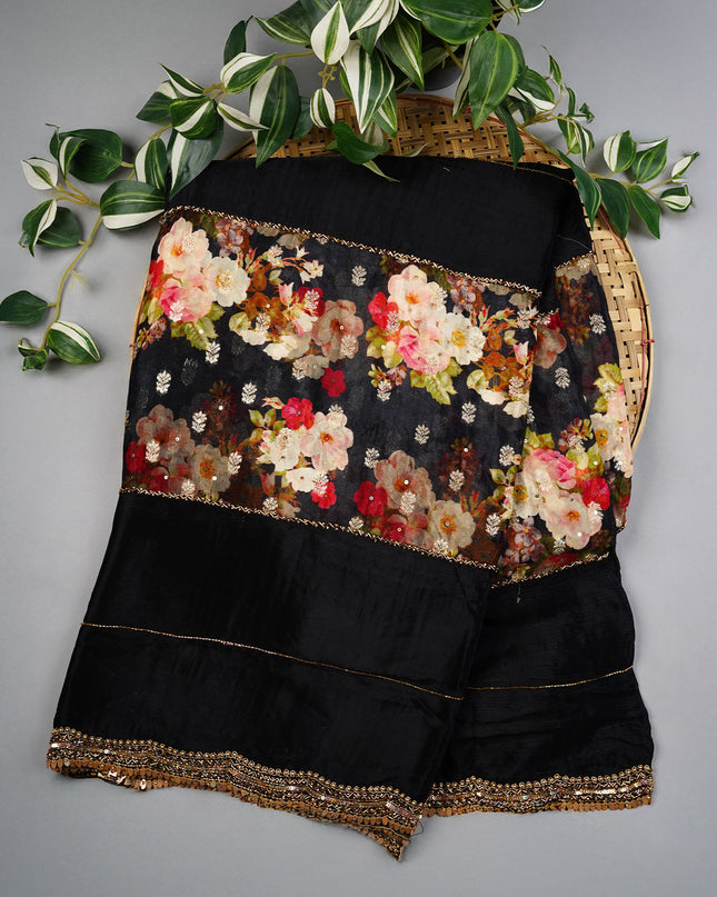 Crepe Saree With Floral Print Scallop Border Kardhana Sequence Work - Black