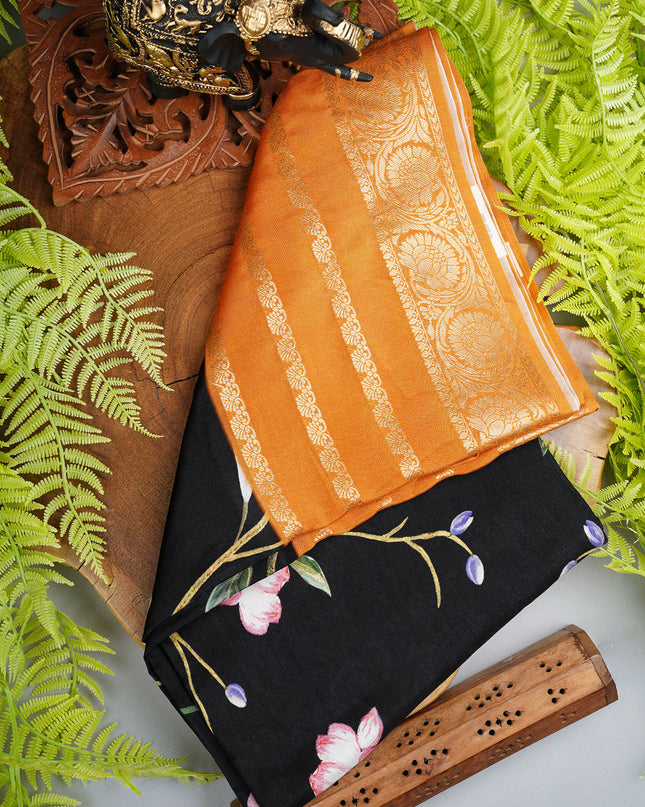 Binny Crepe Saree Floral Print With contrast Border - Black