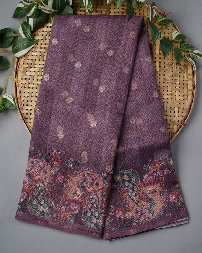 Silk Kota Saree With Gold Zari Butties And Print Border - Onion Pink