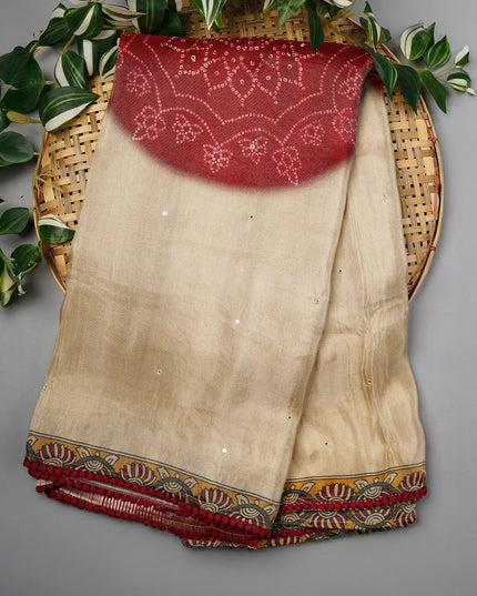 Crepe Tissue Saree With Kalamkari Pallu Mirror Work & Scallop Border - Beige