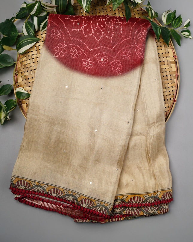 Crepe Tissue Saree With Kalamkari Pallu Mirror Work & Scallop Border - Beige