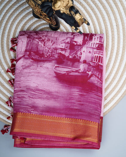 Muslin silk saree with Abstract Digital Printed and golden border - Wine