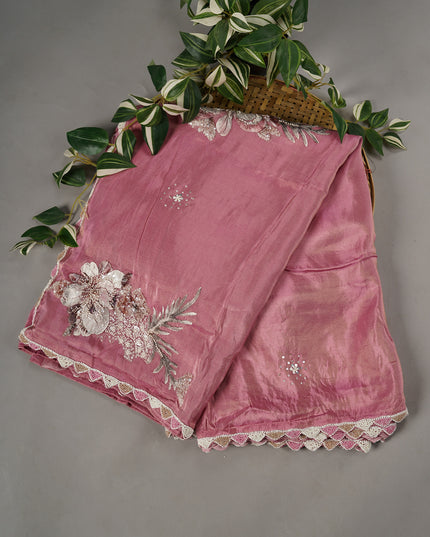 Tissue Crape Applique Work Buttis Scallop Border with Kardana & Pearl Work - Pink