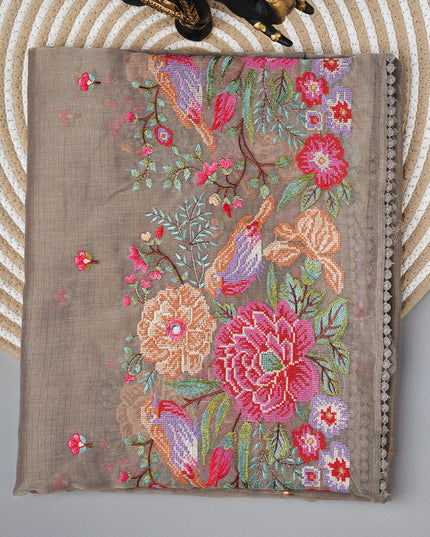 Linen saree with thread work butties and lace border - Grey