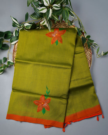 Mangalagiri Silk Saree With Hand Painting - Light Green