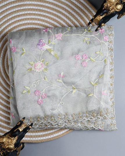 Tissue Georgette saree with thread Embroidered work and scallop border - Light Grey