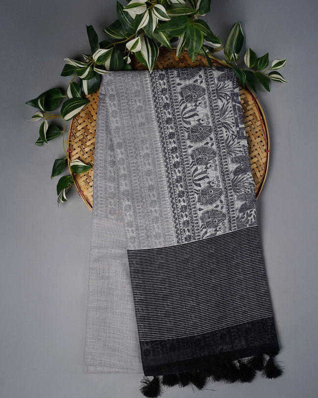 Lenin Silk Saree with Madhubhani Print with Contrast Border- Grey