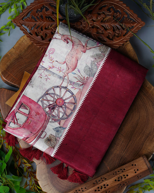 Tissue Silk Saree With Digital Print - Maroon