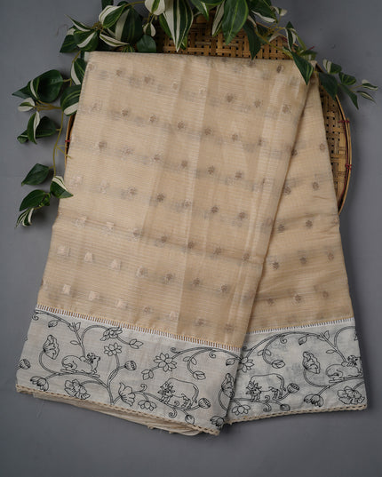Silk Kota Saree With Gold Butties And Contrast Border With Thread Work - Beige