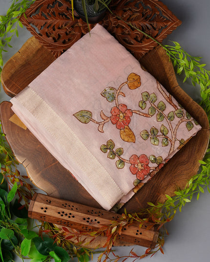Tissue Linen Saree With  Floral Embroidery & Sequins Work - Light Pink