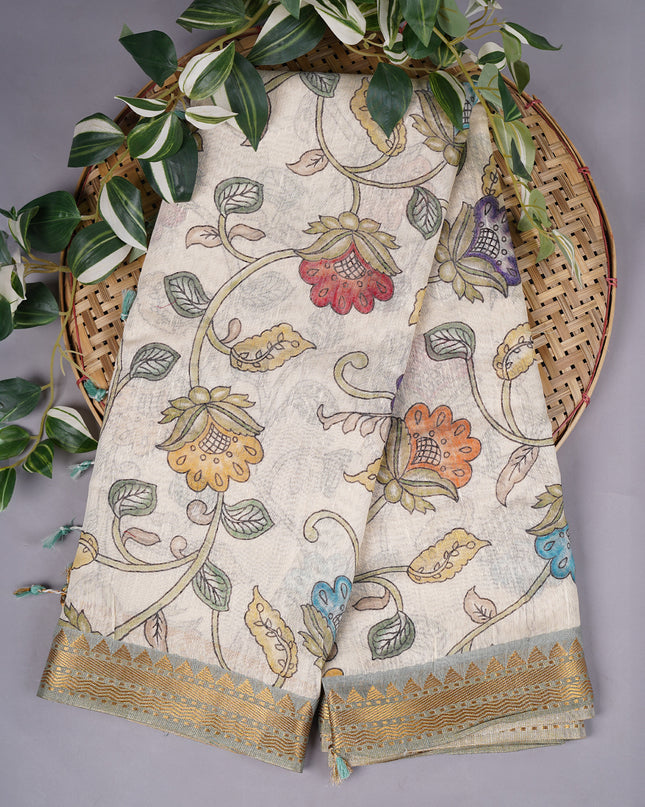 Linen Jute Floral Print With Zari Border  - Beige