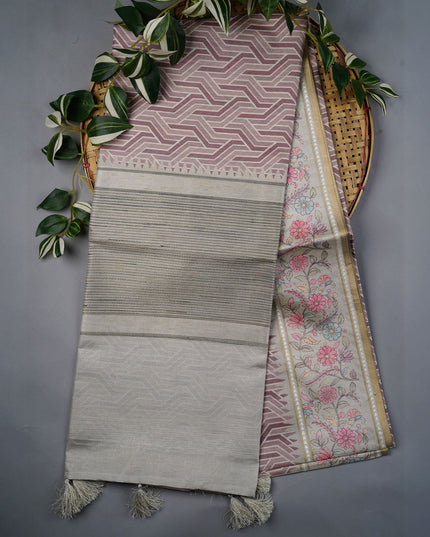 Tusser Silk Saree With Print Border - Brown