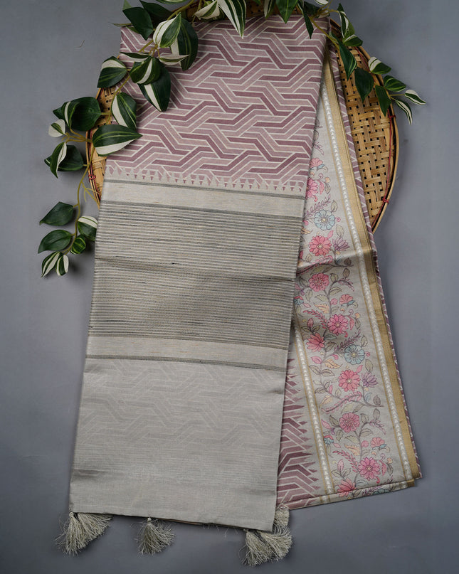 Tusser Silk Saree With Print Border - Brown