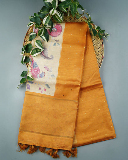 Tusser Silk Saree Floral Print with Contrast Border- Mustard