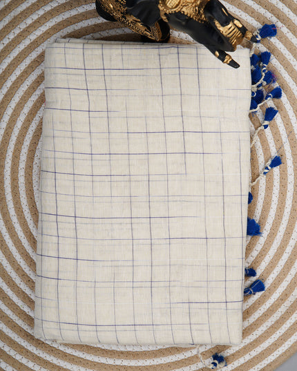 Mul cotton saree with allover check weaving and contrast border - White