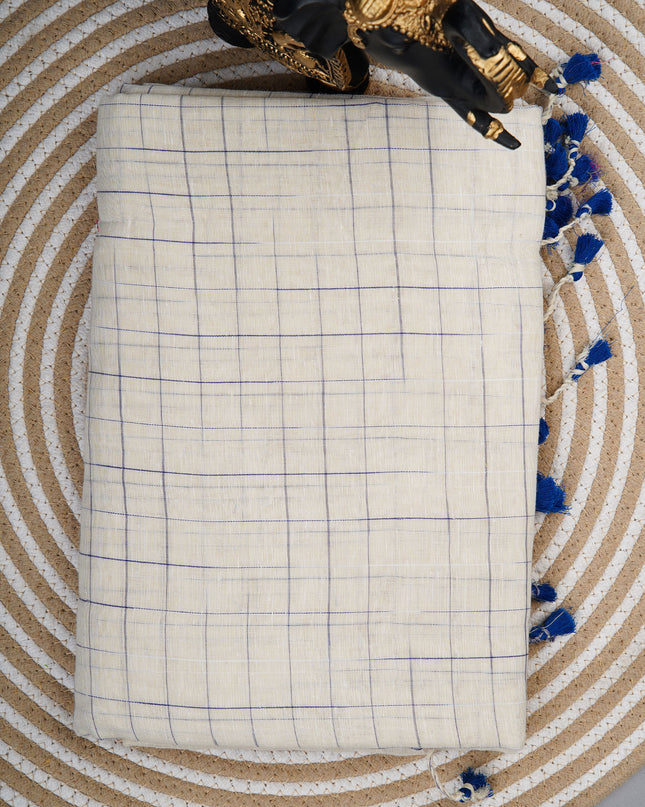 Mul cotton saree with allover check weaving and contrast border - White