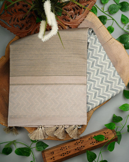 Tusser Silk Saree with Floral Print Border- Light Green