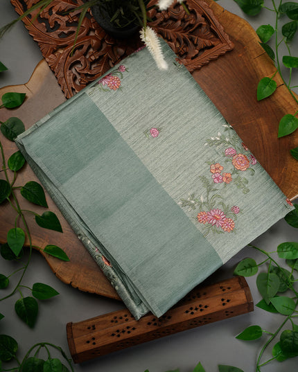 Jute Tusser Silk Saree with Thread Embroidery Work and Satin Border- Sage Green
