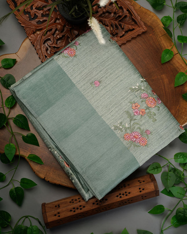 Jute Tusser Silk Saree with Thread Embroidery Work and Satin Border- Sage Green