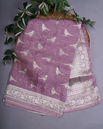 Tissue Banaras Silk Allover Self Weaving With Light Gold Zari Border - Lavender