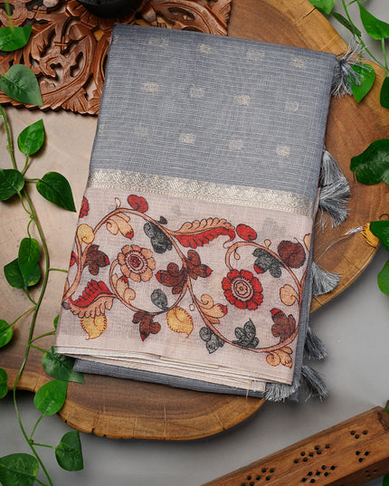 Tissue Kota Silk with Gold Butties and Contrast Floral Print Border- Grey