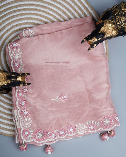 Tissue crepe saree with Embroidery butties and scallop border  - Baby Pink