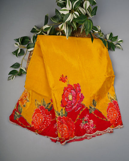 Crepe Crepe Saree With Floral Print Scallop Border Kardana Zardosi Sequence Work - Yellow
