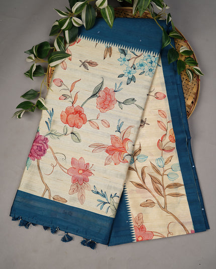 Tusser Silk Allover Mirror With Digital Print - Teal