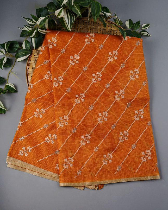 Silk Kota Saree With Allover Thread Embroidery Work With Gold Border -  Mustered