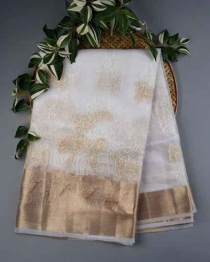 Kora Organza Saree with Thread Embroidery Work- White