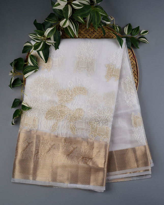 Kora Organza Saree with Thread Embroidery Work- White