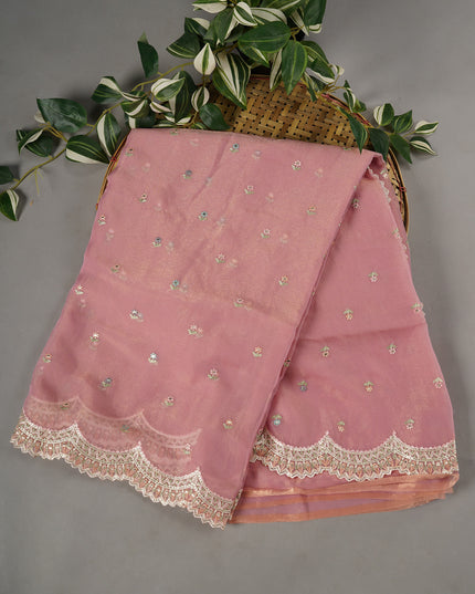 Soft Tissue Organza With Thread Embroidery Butties With Scallop Border - Pink